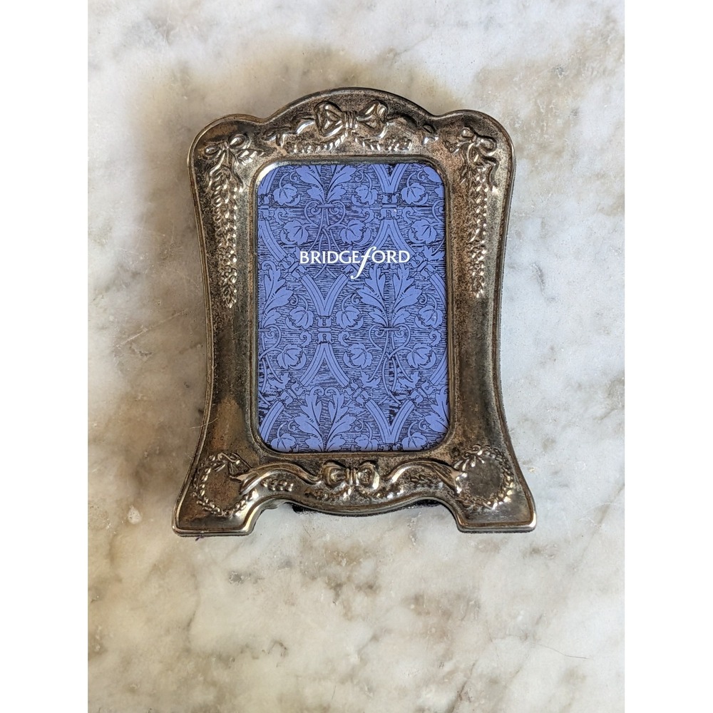 VTG Silver Plated Picture Frame Victorian Ornate Velvet Back Cascade Bow 4x3.25